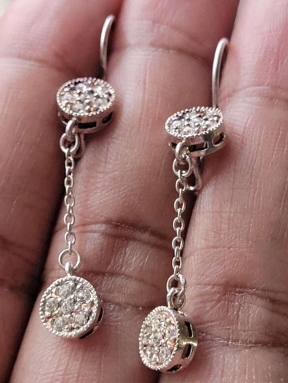 Vintage 925 Sterling Silver Diamond Pave Disc Chain Drop Earrings